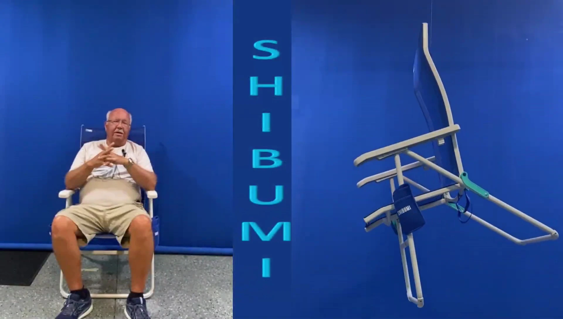 Close-up of the reviewer effortlessly standing up from the Shibumi Tall Beach Chair.