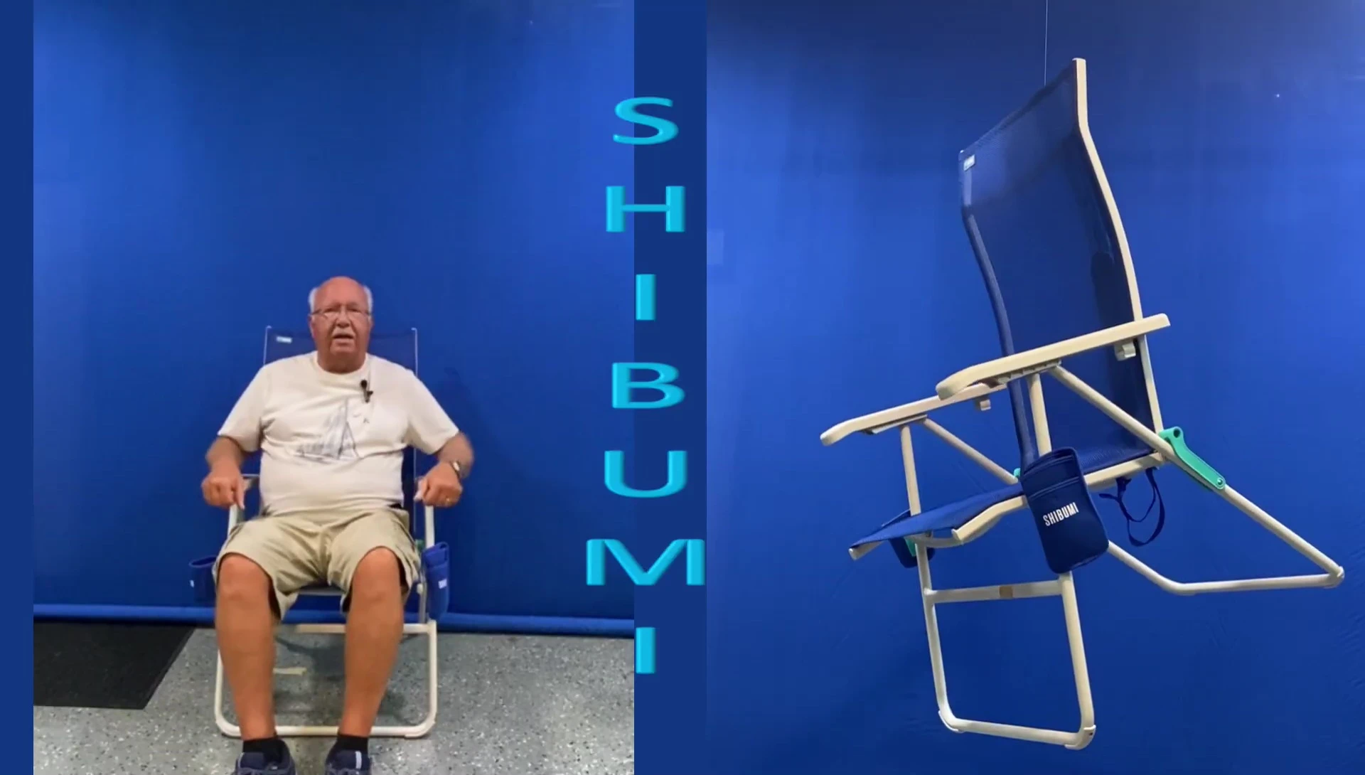 The reviewer demonstrating the multiple reclining positions of the chair.