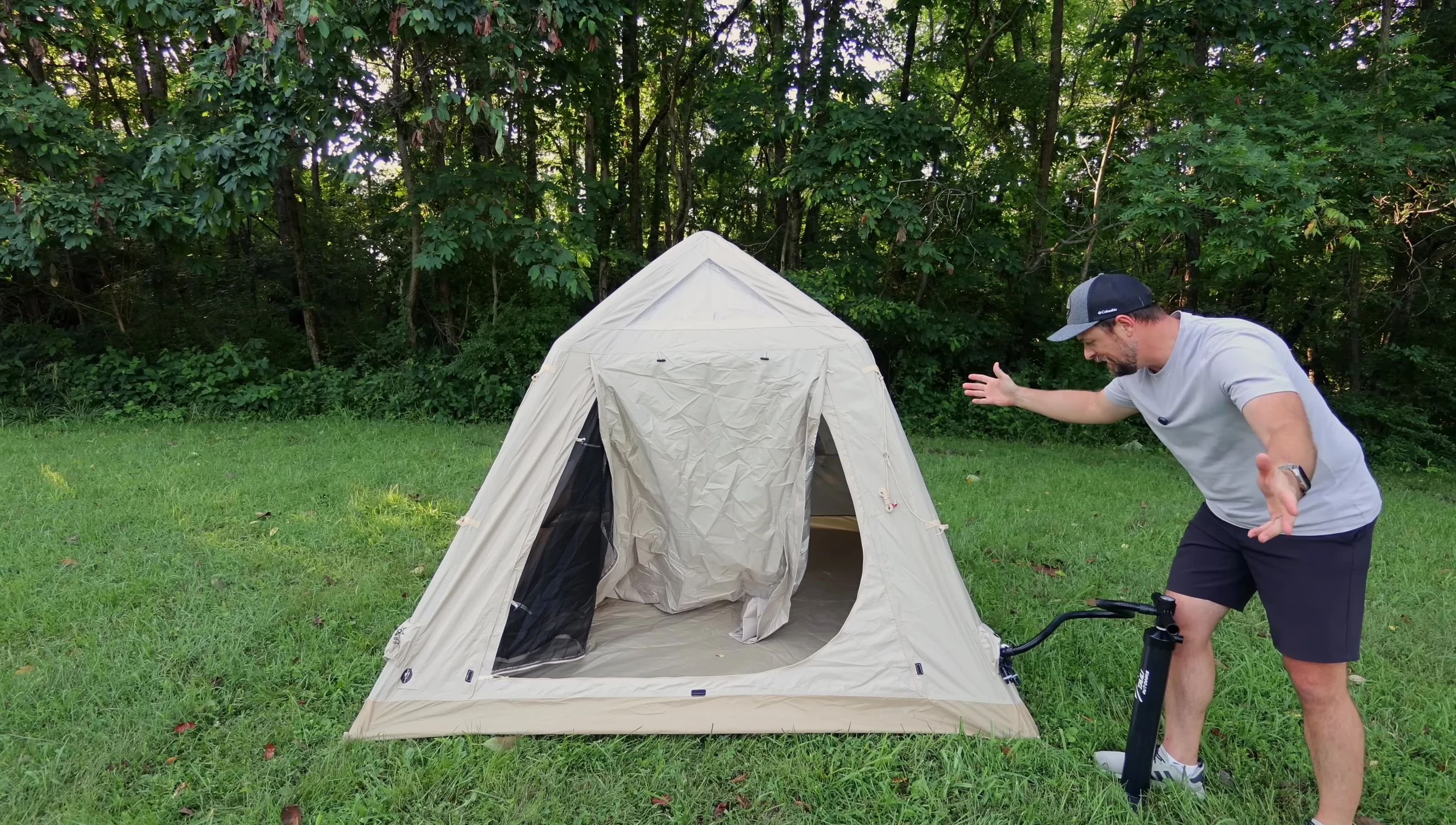 Inflated tent standing on its own.