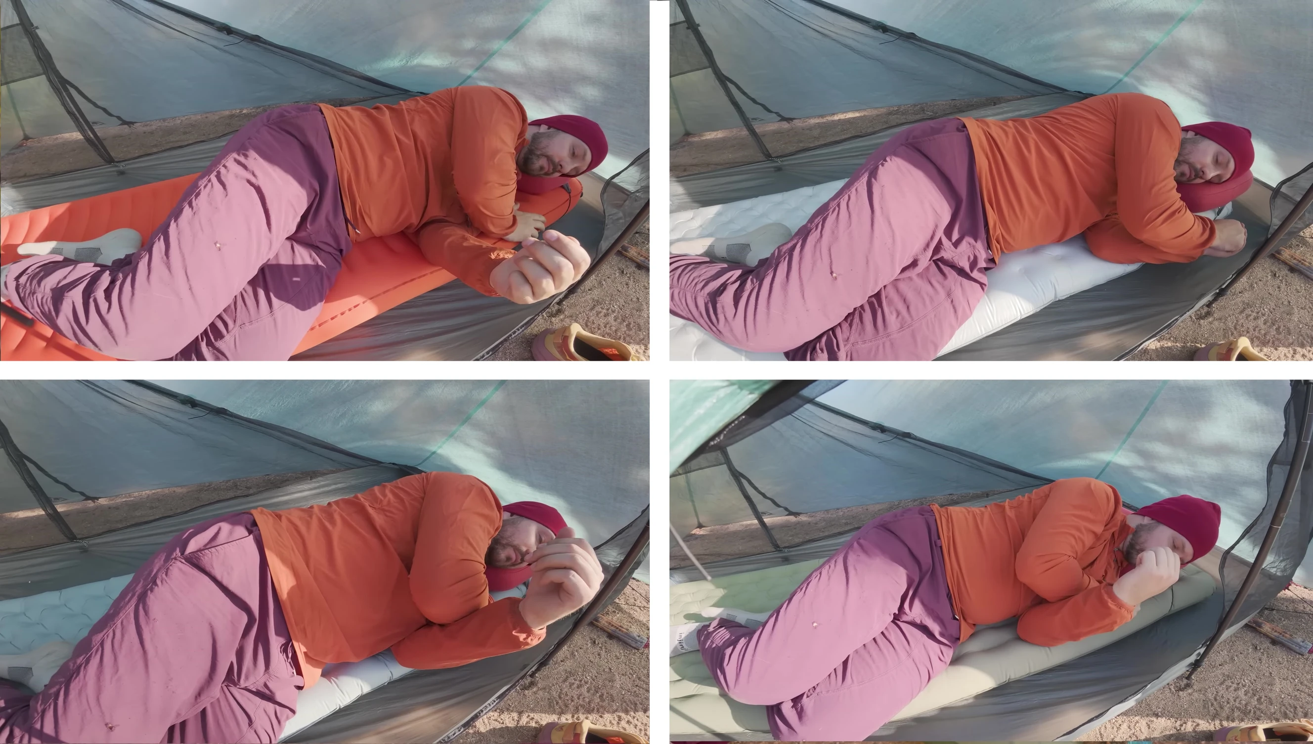 Tester demonstrating the edge support of a sleeping pad.