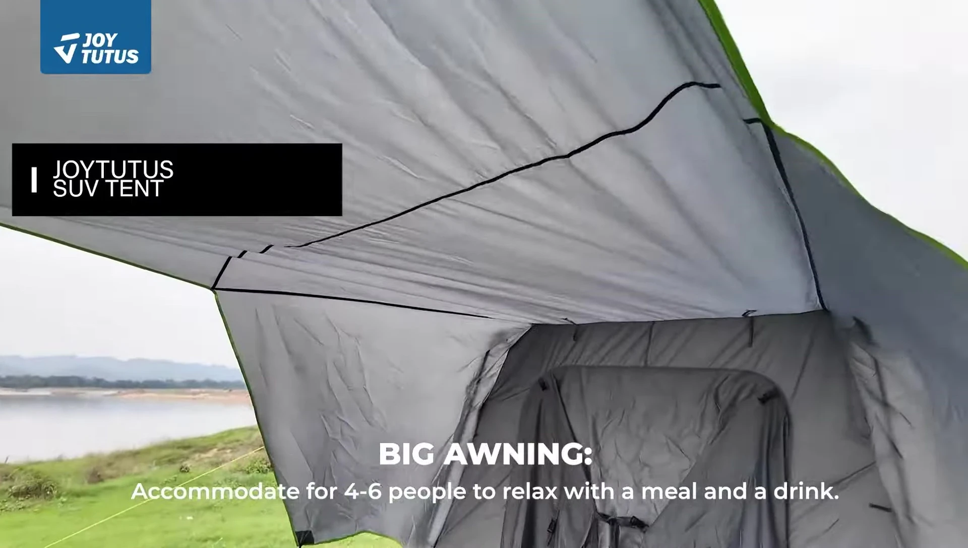 The Joyus Dual Use SUV tent shown attached to an SUV.