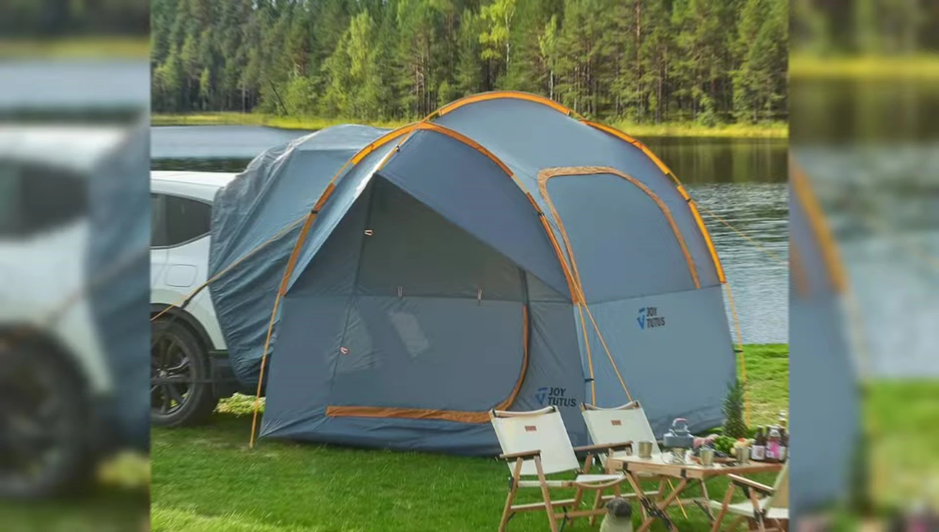 The Joy 22' tent's awning extended for extra shade.