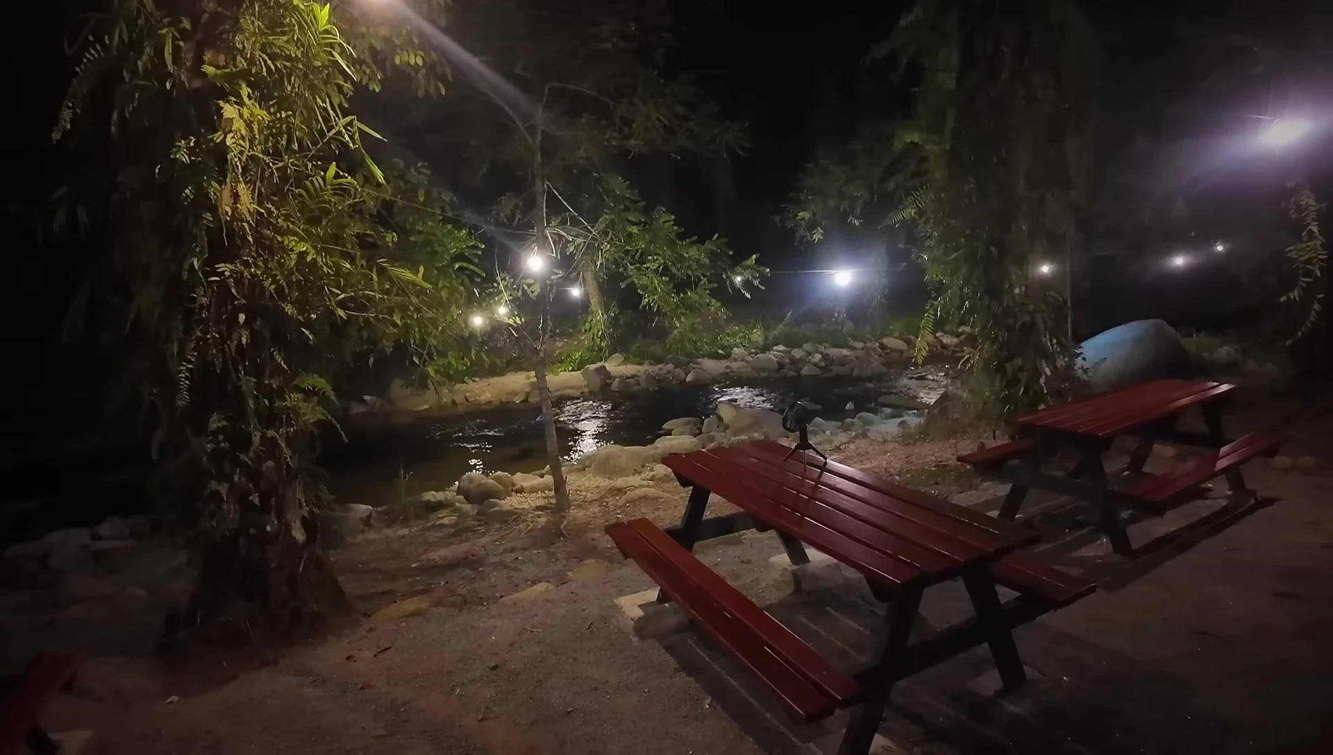 The campsite at night showing good lighting.