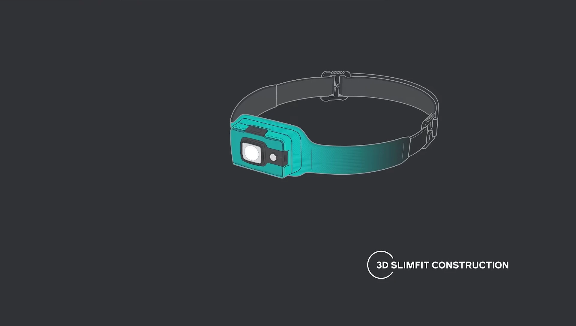 Headlamp on a person's head, highlighting the seamless integration of the electronics into the headband.