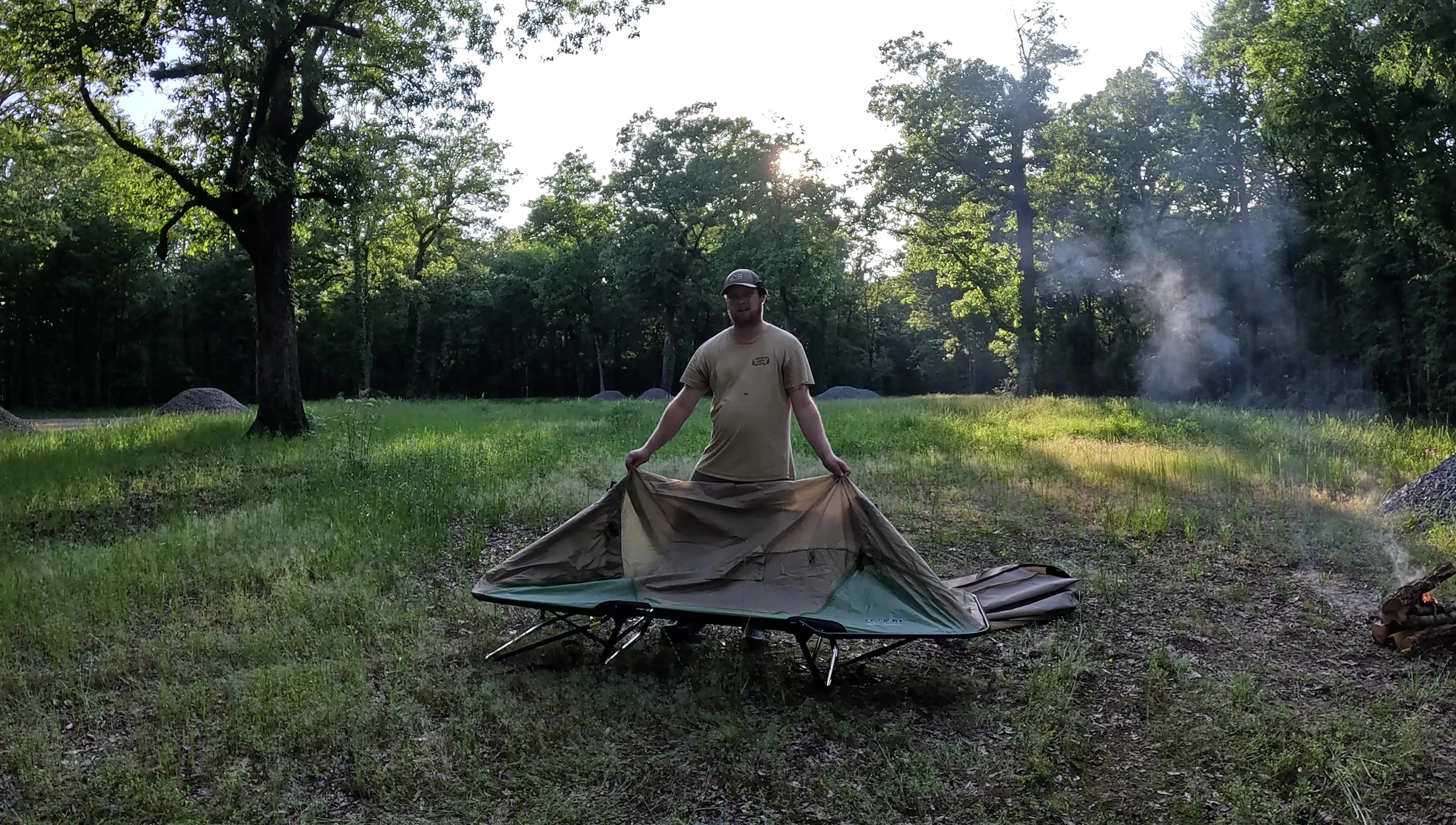 A close-up showing the integrated tent fabric.