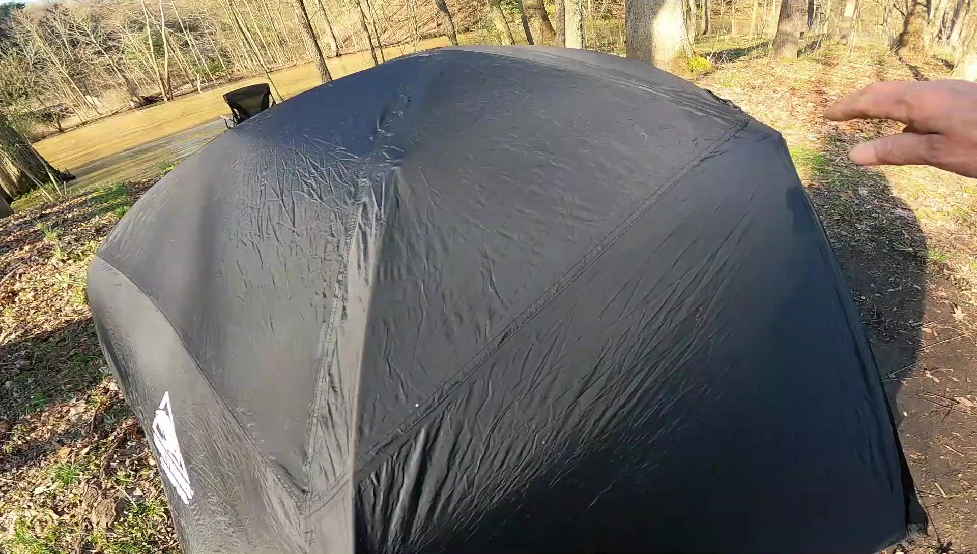 The tent with the rainfly removed, showcasing the inner tent and support poles