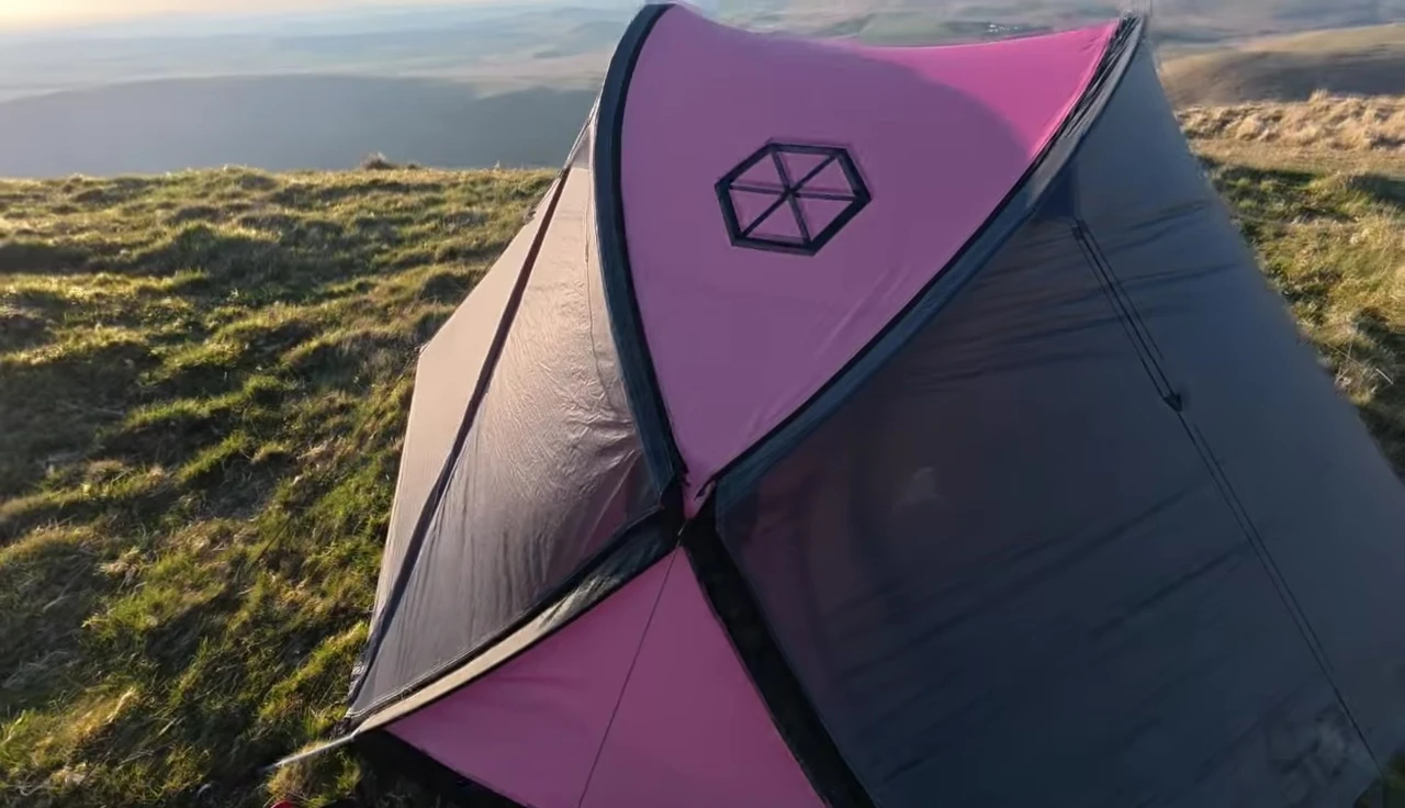 Close-up shot showcasing the guy lines and pegging points of the tent.
