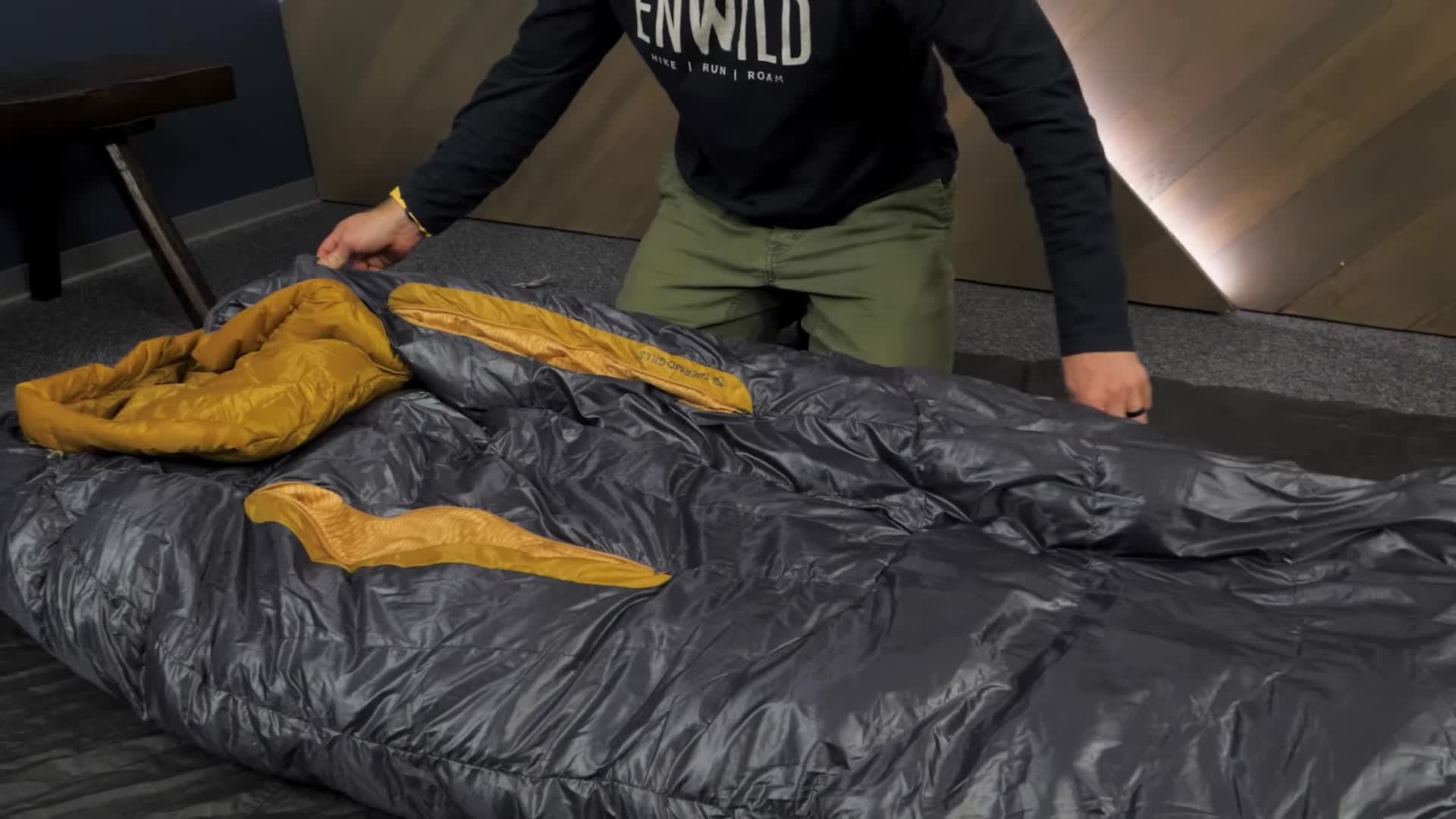 Shot emphasizing the down insulation material of the bag.