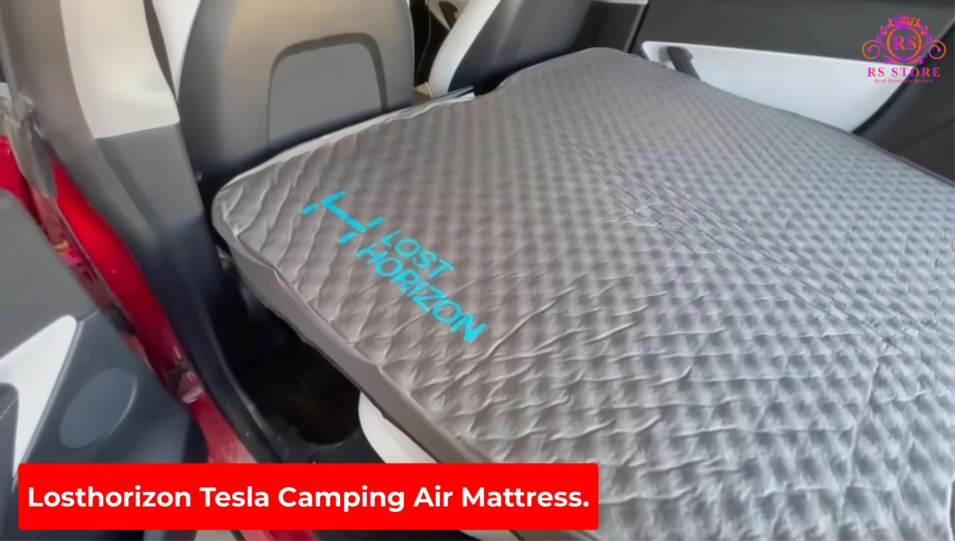 The Lost Horizon Tesla camping air mattress shown fitting perfectly in a Tesla Model Y.