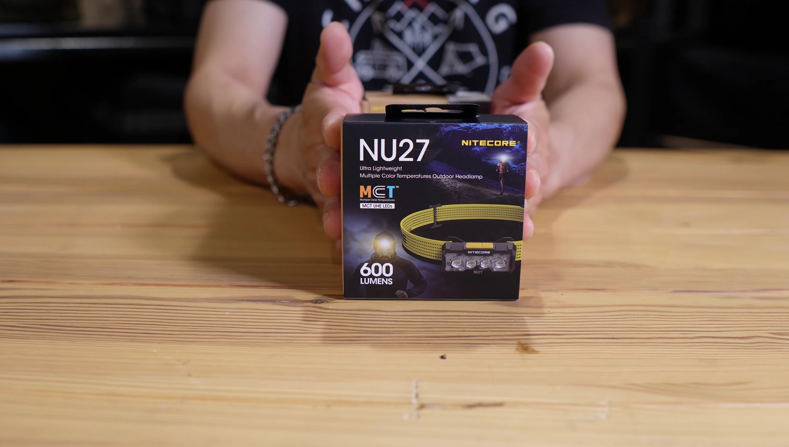Close-up of the Nitecore NU27 headlamp in hand.