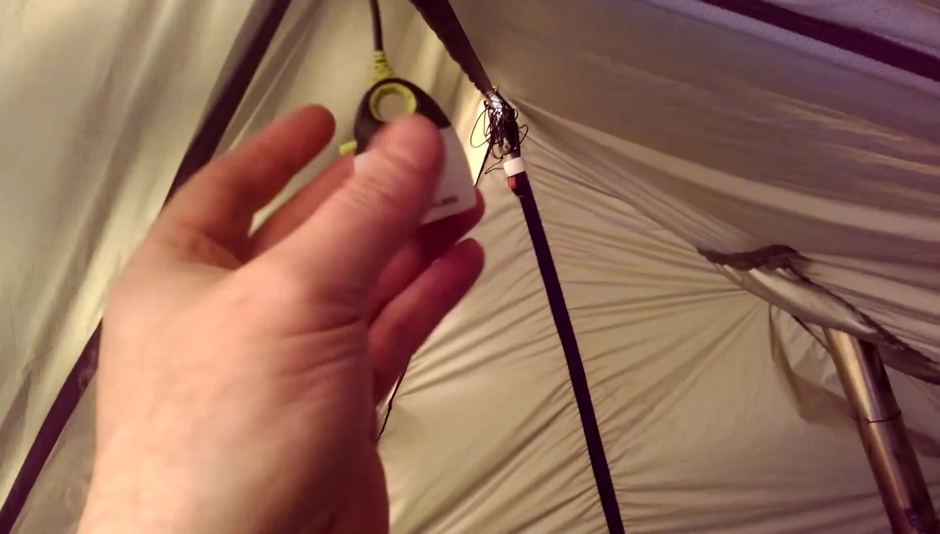 One of the lights turned on inside the tent