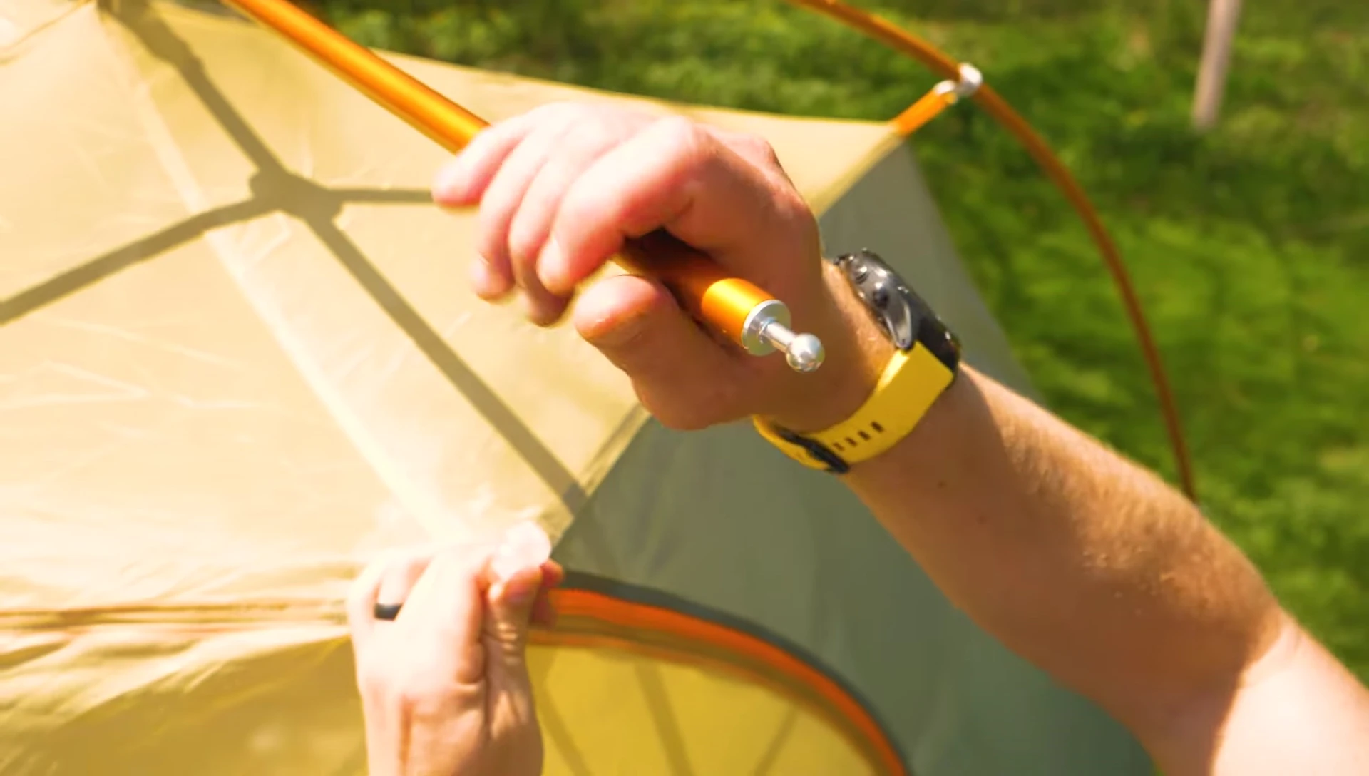 A shot illustrating the ease and speed of setting up the tent's pole structure.