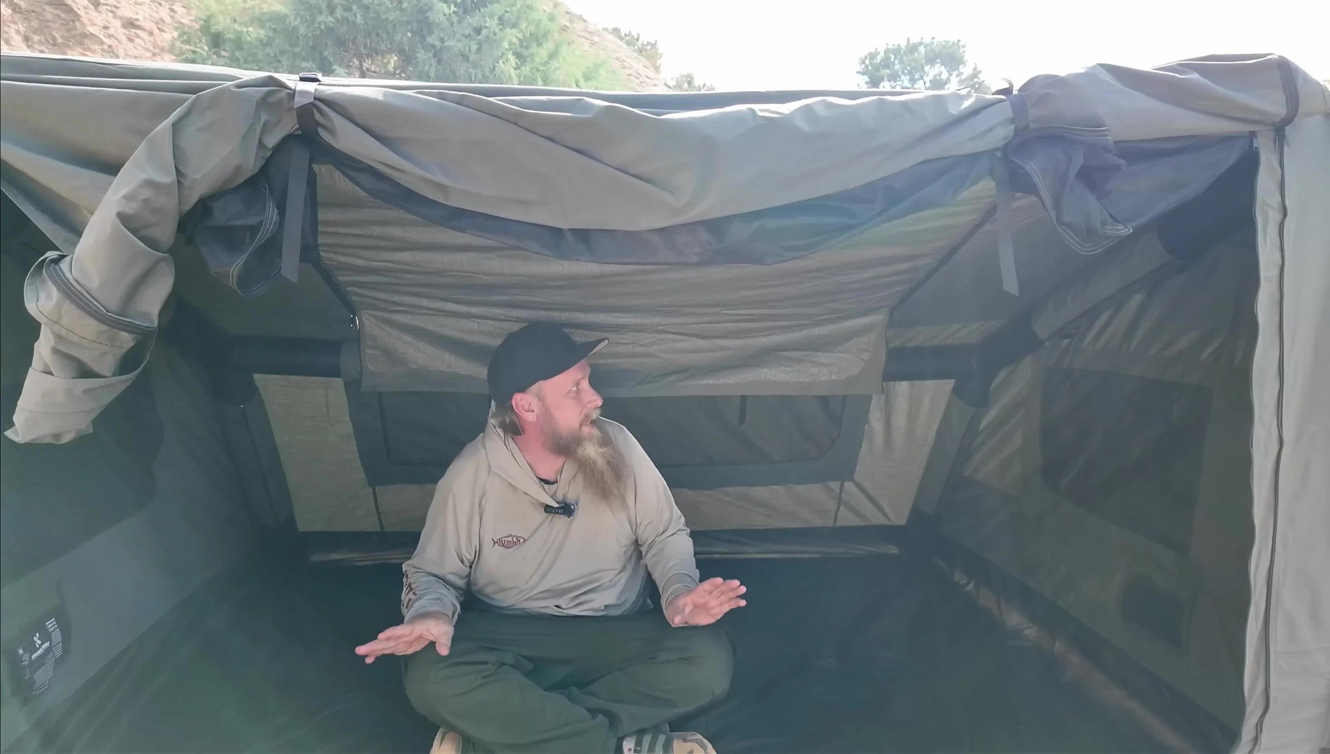 Interior shot showing the layout and features of the tent.