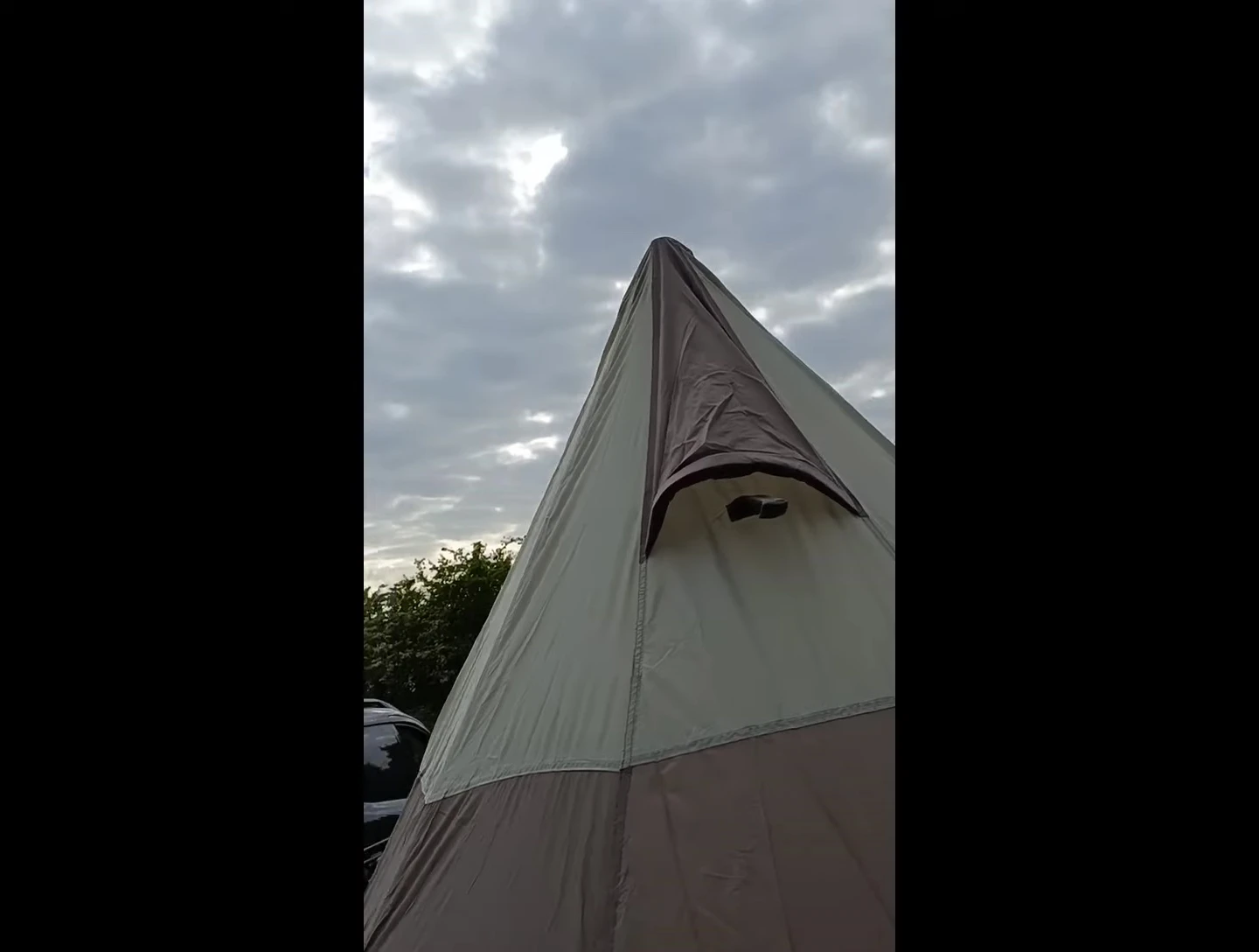 The tent nearly fully assembled.