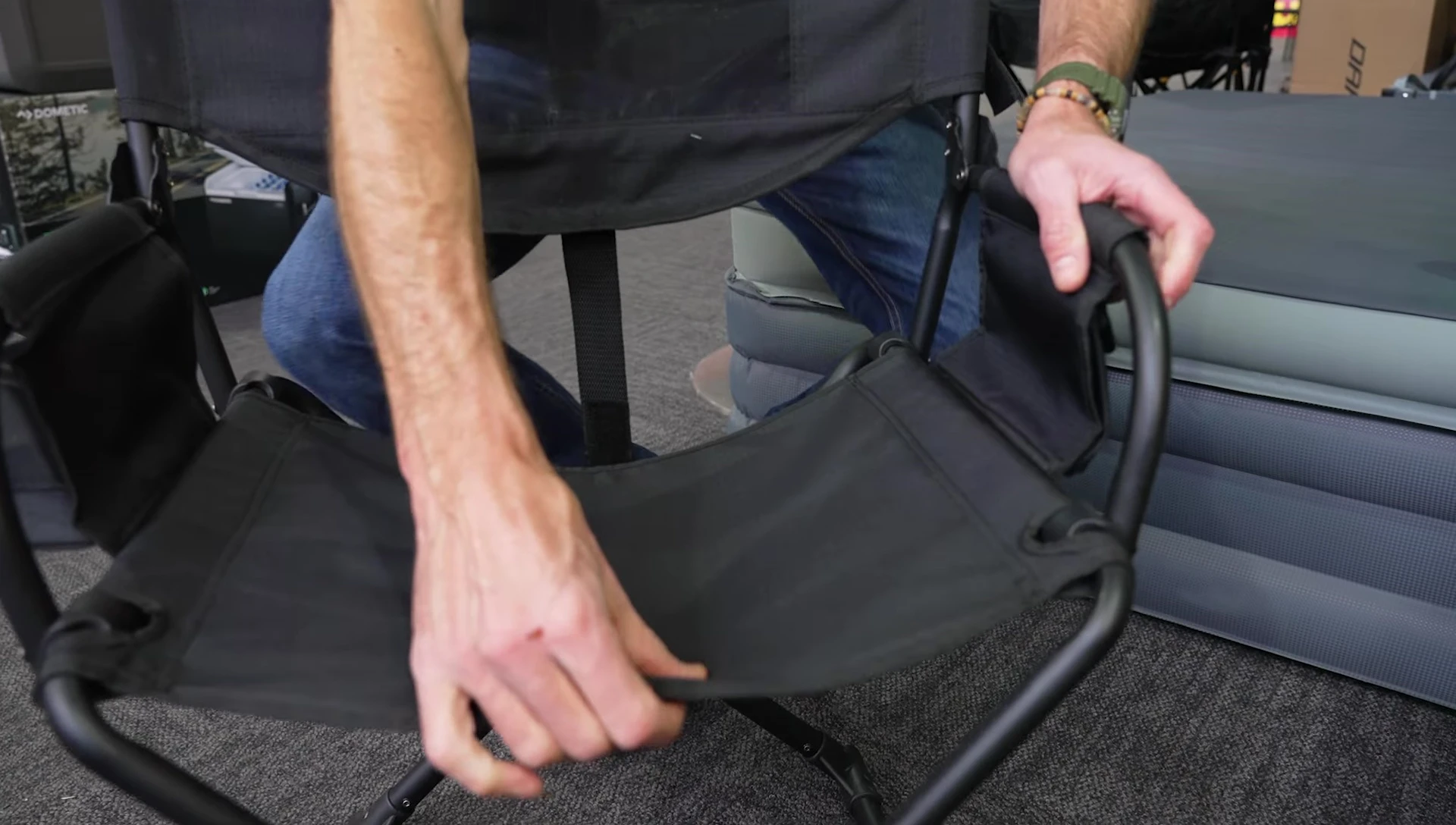 Close-up of the chair's fabric and mesh backing showing its durability and breathability.